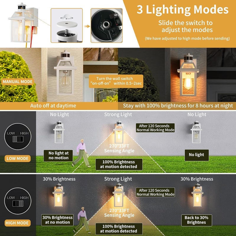 Yisuro Porch Lights with GFCI Outlet, Dusk to Dawn Motion Sensor Outdoor, 3 Lighting Modes Exterior Light Fixture, Outside for House Front Door Patio Garage(White) - Image 3